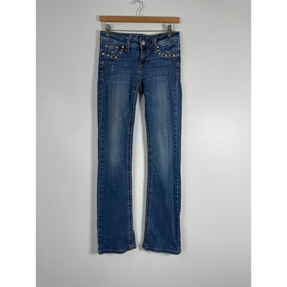 Y2K McBling L.A. Idol Women Size 3 Slim Bootcut Jeans Blue Cross Rhinestone Lace